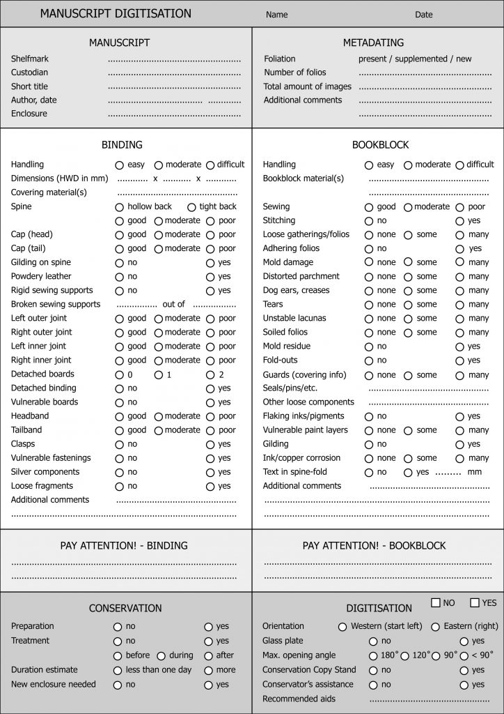 Checklist for the digitisation of manuscripts